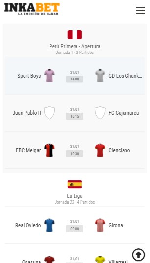 Partidos del d&iacute;a Inkabet