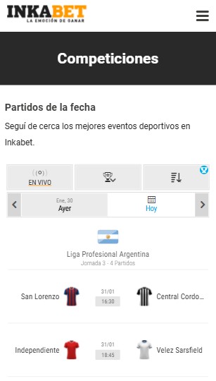 Partidos del d&iacute;a en Inkabet